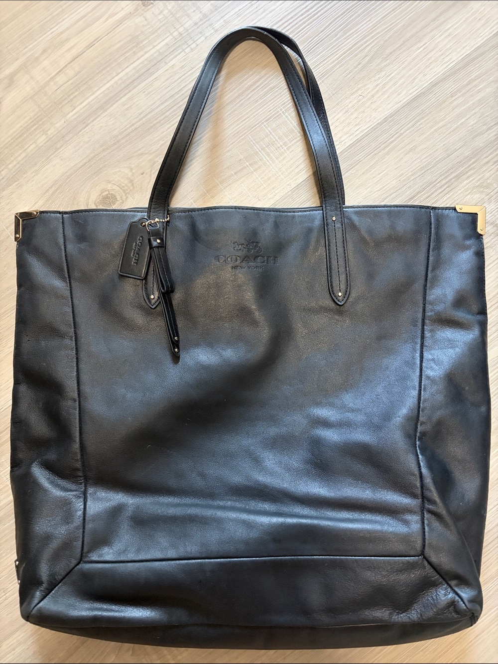 Coach Black Leather Tote with Gold Corner Accents - Coach